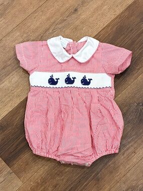 Edgehill Collection Red Seersucker Smocked Whale Bubble Summer Outfit 3m